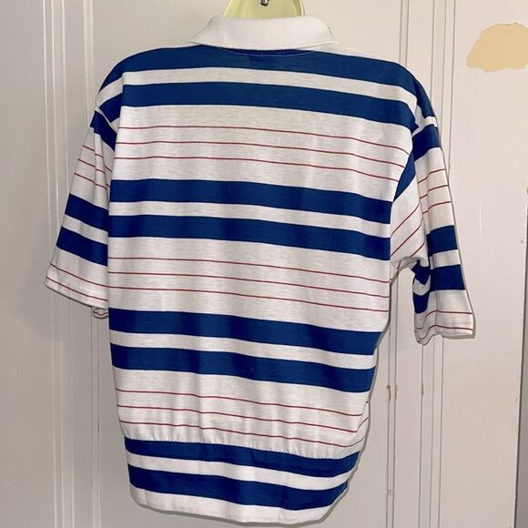 Vintage 70s/80s Hands Off Red, White & Blue Striped Polo Shirt/Ribbed Fitted Hem - Picture 6 of 8